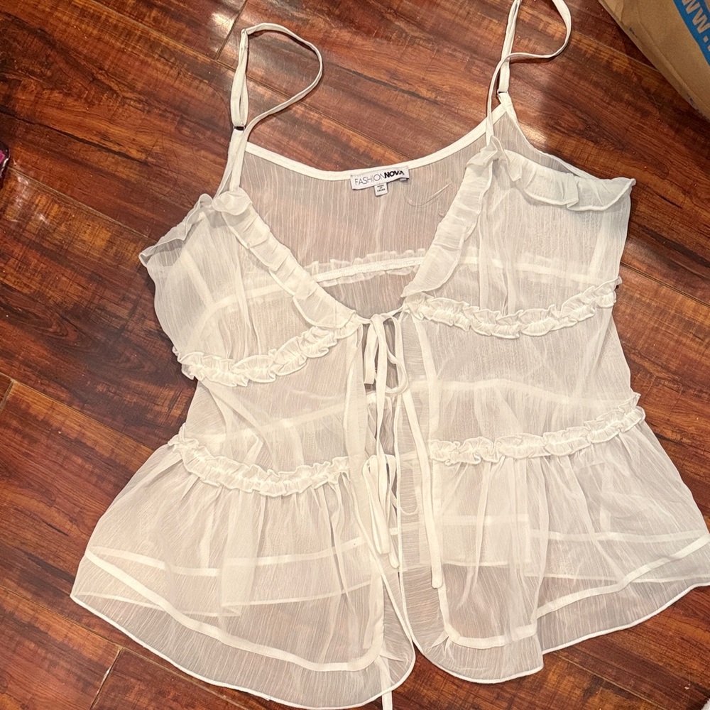 Fashion Nova Cream Sheer Ruffle Camisole